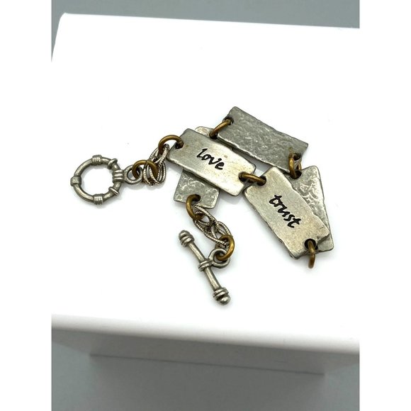 Vintage Two Tone Words Bracelet, Silver Tone and Brass Power Words Link Bangle - Picture 6 of 7